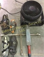Ratchet straps , knife sharpener, fan, tire iron.