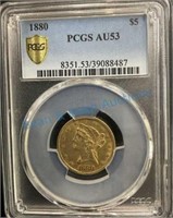 1880, $5 gold piece AU 53