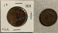 1818 and 1838 large one cent coins