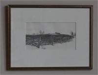 Fence by ploughed field, pencil sketch