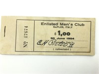 1954 Enlisted Men's Club CHIT BOOK Naples, Italy