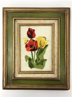 Vtg Hand Stitched Floral Art Wall Decor