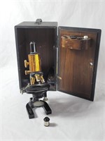 Vintage microscope with wood case