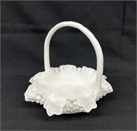 Fenton Hobnail Milk Glass Handled Basket 6.5"