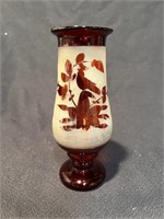 Vtg Etched Cutback Ruby Red Footed Vase 6.5"