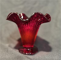 Vtg Ruby Red Art Glass Ruffled Edge Flower Vase