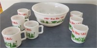 Antique Milk Glass Eggnog Bowl with Seven Cups