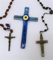 3 Catholic Crucifixes: 2 Rosaries & Italian Glass