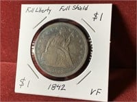 NICE 1842 US SILVER SEATED FULL LIBERTY $1 VF
