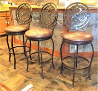 Trio of Metal and Leather Swivel Barstools