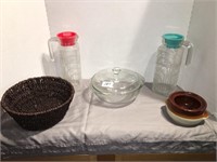 Glass baking dish, 2 large glass pitchers, basket