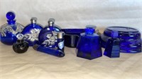 Silver Overlay Cobalt Blue Perfume Bottles,Ashtray
