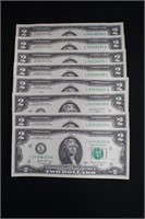 Lot of 8 Consecutive UNC $2 Bank Notes