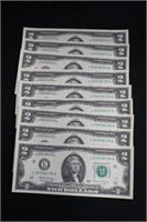 Lot of 9 Consecutive $2 Bank Notes