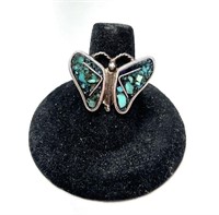 Sterling Turquoise Inlaid Butterfly Ring 7 Grams
