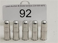 Unmarked Set of 5 Large Silver Metal Toy Bullets