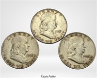 1948 D, 1949 S & 1951 Franklin Silver Half Dollars
