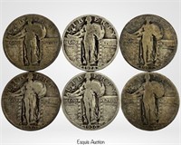 6 Silver Standing Liberty US Quarter Coins- 1927D