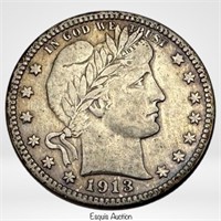 1913 D US Silver Barber Quarter Coin - XF+