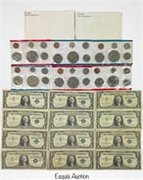 US Mint Coin Sets & 10 US Silver Certificate Bills