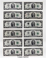12 US 2 Dollar Bills/ Banknotes