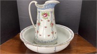 Ceramic pitcher and bowl set, pink roses and blue