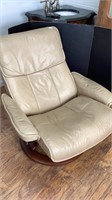 Leather recliner on wood revolving base, wide