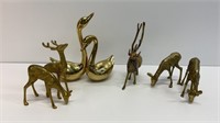 (8) brass animal figurines, (2) swans, (1) buck,