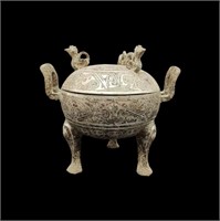 Chinese Silver Inlaid Bronze Tripod Censer