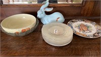 HALL POTTERY OPEN BOWL & ASSORTED GLASSWARE