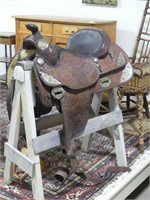 BIG HORN HIGHLY TOOLED WESTERN SADDLE ON STAND