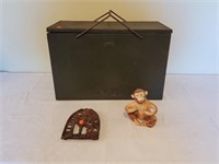 Vintage Picnic Box, Sad Iron Trivet, Monkey