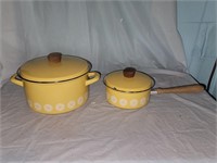2 Vintage Yellow Enamelware Pots with Lids
