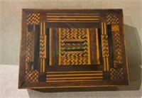Antique inlaid wooden keepsake box with lock,