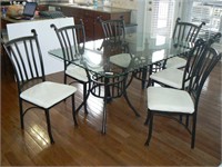 Metal double pedestal table w/glass top, 6 chairs