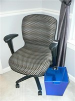 Upholstered office chair, blue plastic waste can