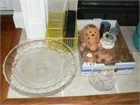 Glass cake pedestal, utensil caddy, terra cotta