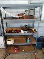 Metal shelf with contents 6 ft tall 49 in wide