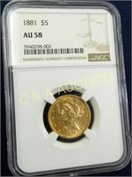 1881 AU58 GOLD $5 LIBERTY HEAD