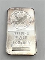 5 Troy Oz 999 silver bar sunshine minting
