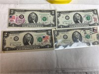 4 2 dollar bills 1976 w canceled stamps