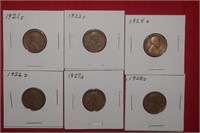 Six Wheat Pennies 1921-S to 1928-D Mix
