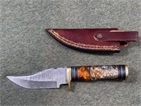 Damascus Knife w/ Leather Sheath -
