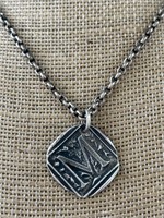 Sterling Silver M Monogram Wax Seal Style Necklace