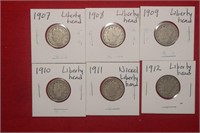 (6) Liberty V-Nickels  1907 to 1912 Mix