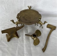 Brass axe, anvil, propeller & camel dish- XE