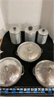 Vintage aluminum canister set of 3 and 3 serving