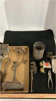 Assorted vintage items, trap, wrencn,, trowel and
