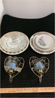 Assorted vintage collector plates with 2 votive