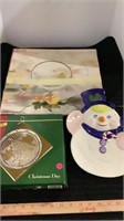 Vintage platters, clear glass, Christmas tree and